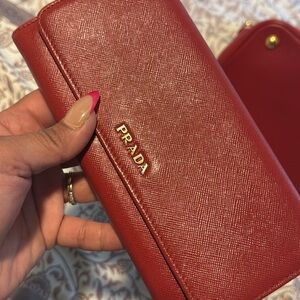 Prada Red Saffiano Leather Wallet with Gold Logo Accent
